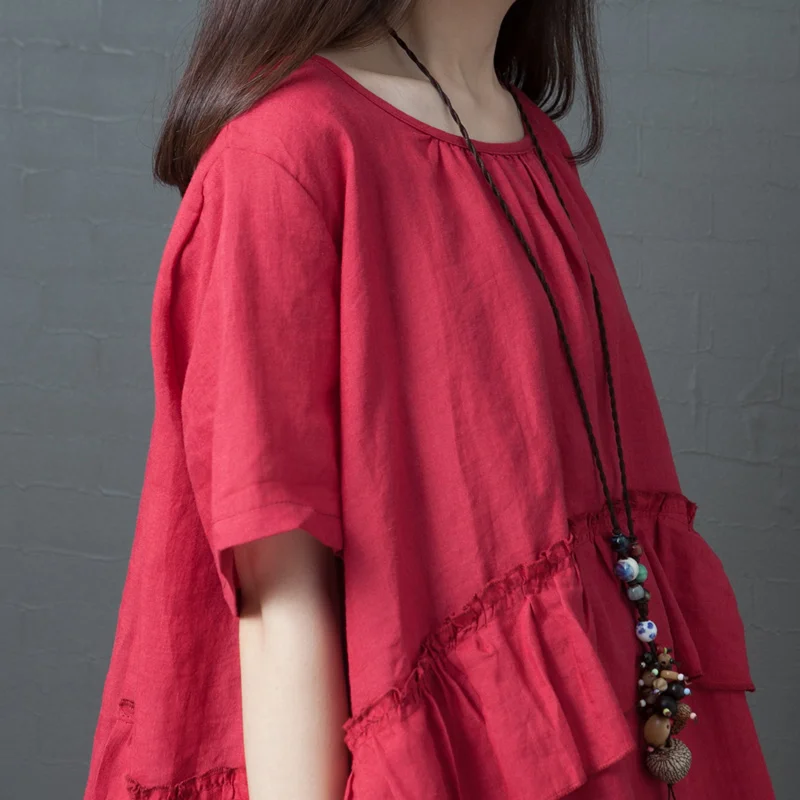 

Korean Oversized Women Clothing Fashion Cotton Linen O-Neck Short Sleeve Woman Blouse Ruffles Patchwork Female Shirt Tops Femme