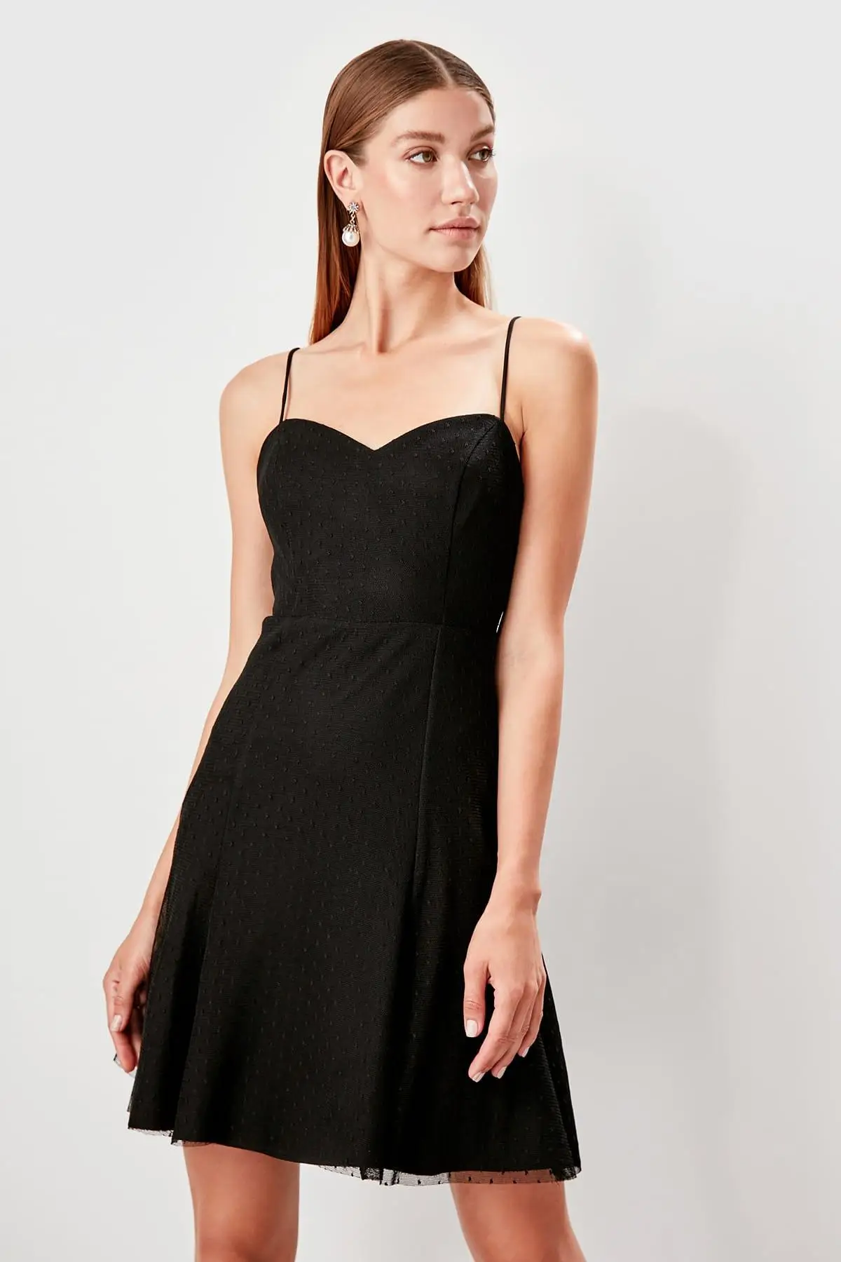 Trendyol черное платье из тюля в горошек TPRSS19BB0282|Женские платья| |