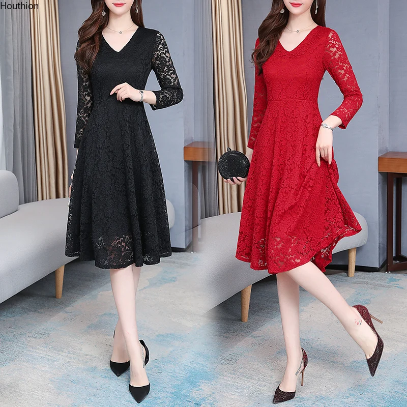 

Chiffon Loose Plus Size Women's Dress New Fashion Casual Long Sleeve Dresses Lace Solid Color V-neck Summer Houthion