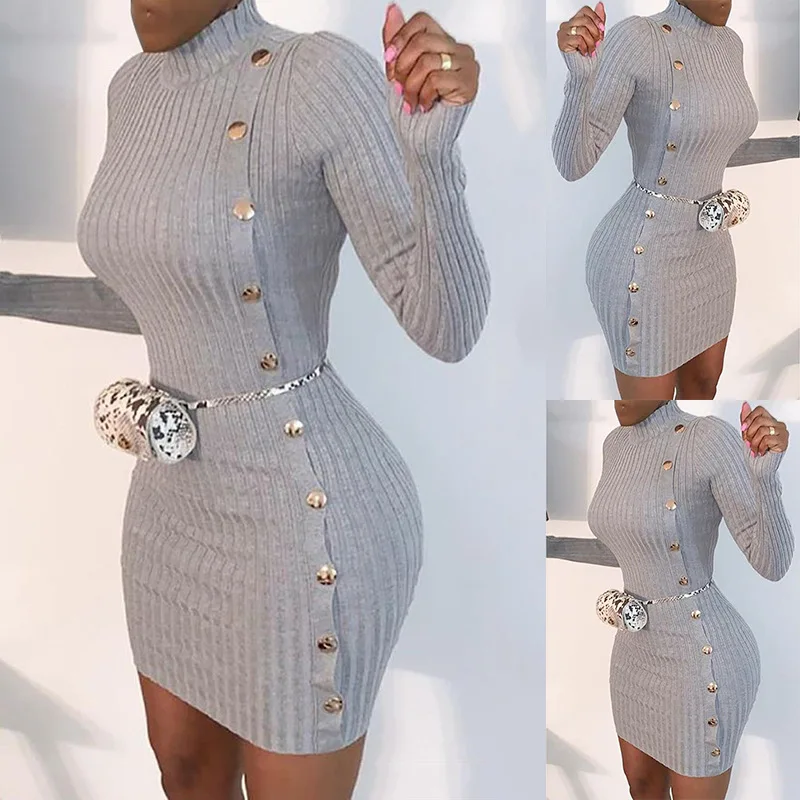 

New Autumn Women Long Sleeves Solid Button Solid Color Knitted Dress Fashion Casual Slim Sexy Female Sweater Dress