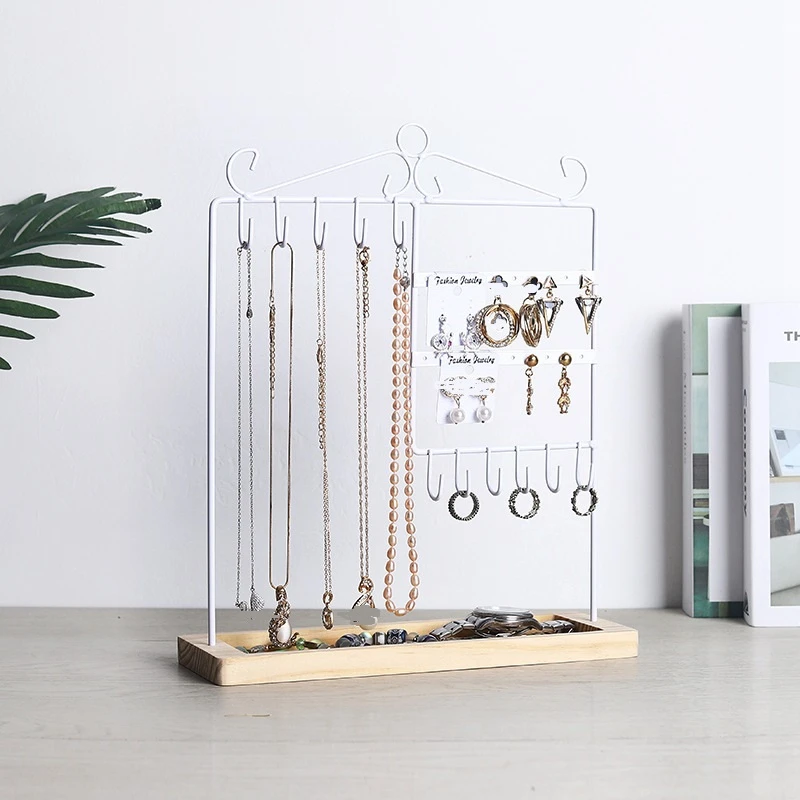 

Metal Frame & Wood Basic Tray for Earrings Bracelets Necklace Watch Accessories Holder-20 Holes & 11 Hooks
