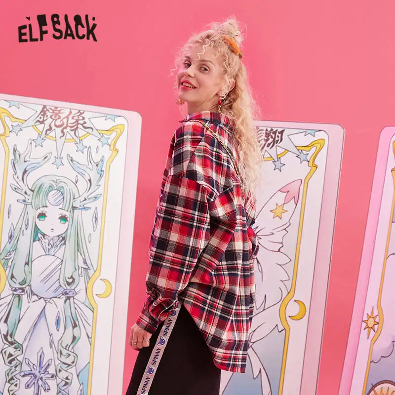 ELFSACK красная клетчатая с мультяшной аппликацией Brit graphics Повседневная блуза для