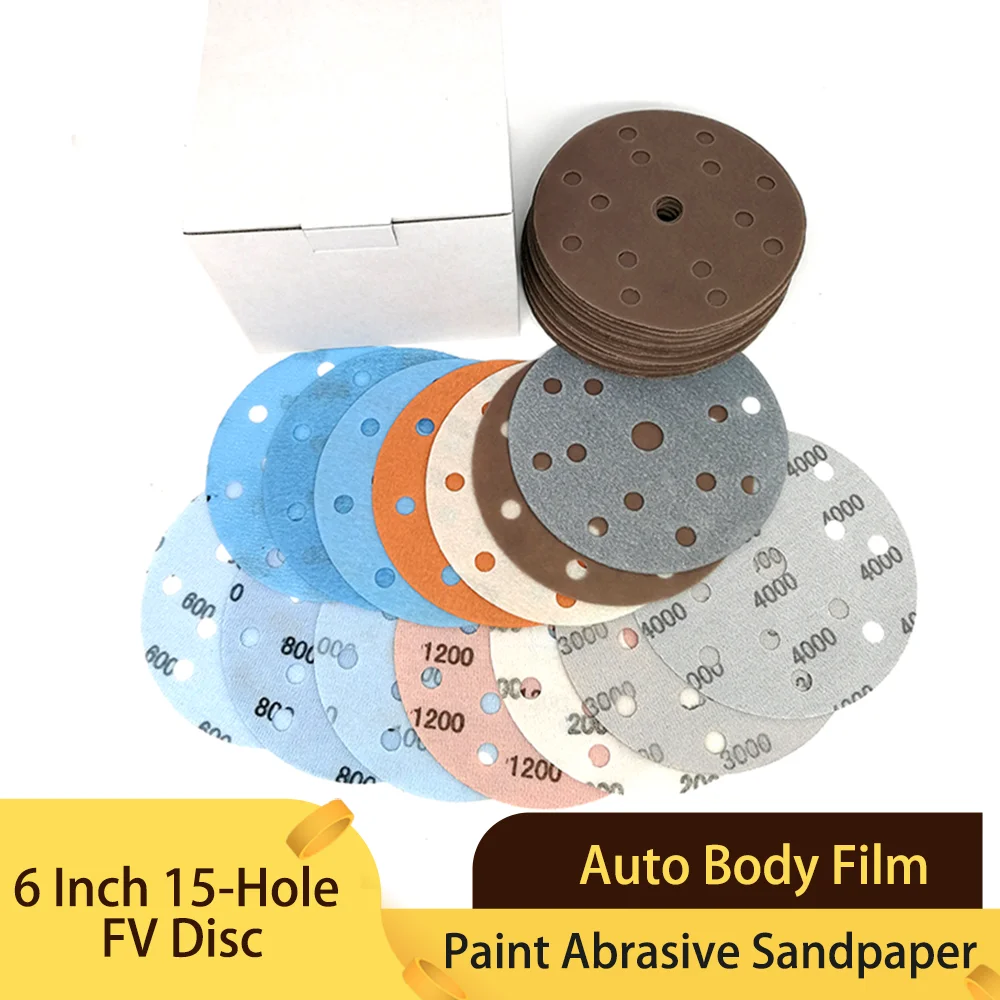 6 Inch 150mm 15-Hole FV Superfine Wet/Dry Hook & Loop Auto Body Film Sanding Discs Paint Abrasive Sandpaper, 600#-4000# Grit