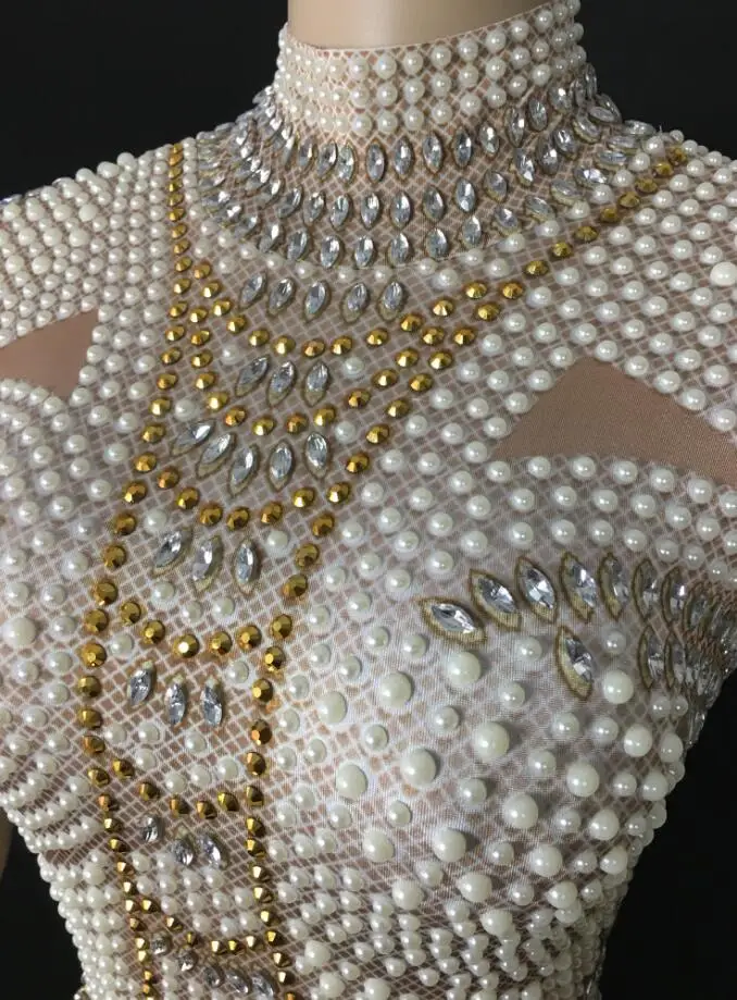 Fashion Rhinestones Pearls Bodysuit Sexy Stretch Dance Leotard Costume Performance Party Celebrate  Stage Show Stones Wear