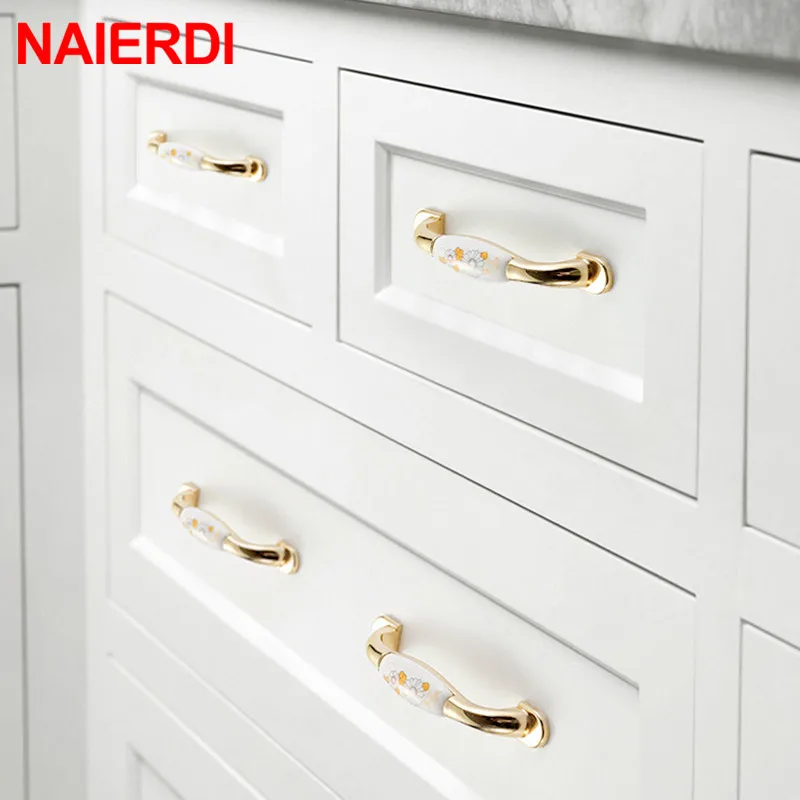 NAIERDI 10 шт. китайские керамические золотые белые ручки шкафа из цинкового сплава