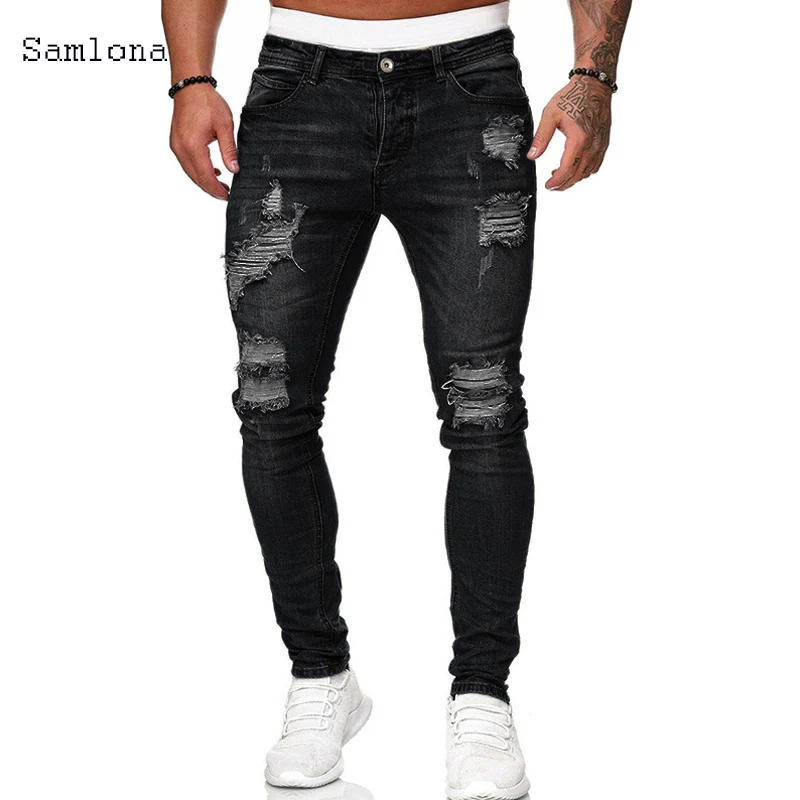 Samlona Jeans Mens Fashion Skinny Denim Pant Male 2022 Hole Ripped Pants Streetwear Male Denim Jeans Blue Grey Pencil Trousers