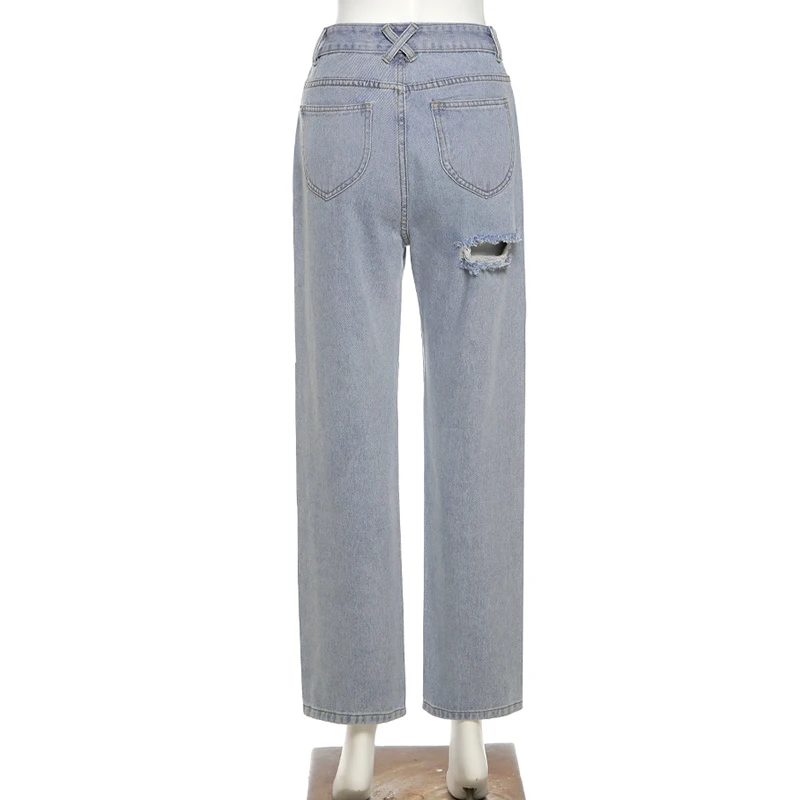 

MO&MO-European and American style 2021 summer new women's fashion slim casual pants wash holes straight jeans pants women