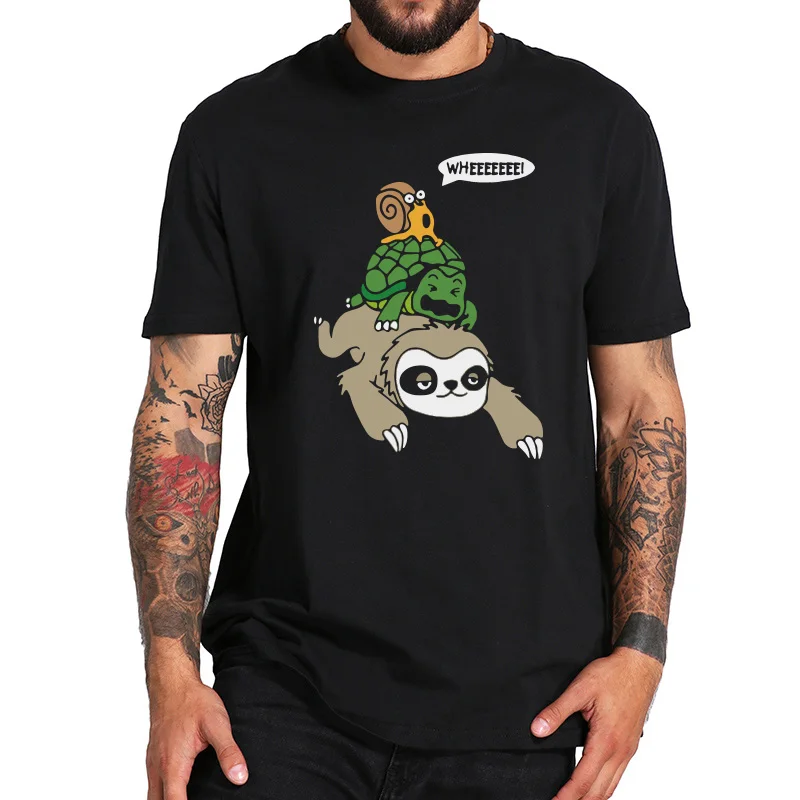 

100% Cotton EU Size Sloth Turtle Snail T Shirt Fun Race Competition Joke Fast Pun Gifts T Shirt Top High Quality Tee