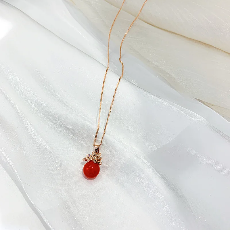The New Simple Cute Rhinestone Flower Red Bead Korean Sweet Elegant Pendant Necklace for Women Fashion Accessories | Украшения и