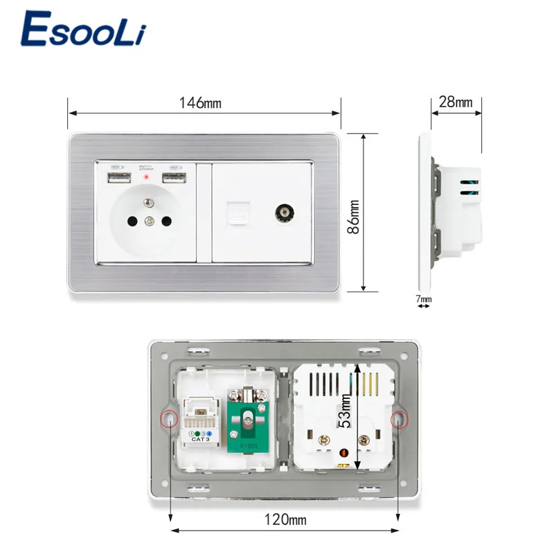 ESOOLI панель из нержавеющей стали французская стандартная розетка с 2 usb-портом для