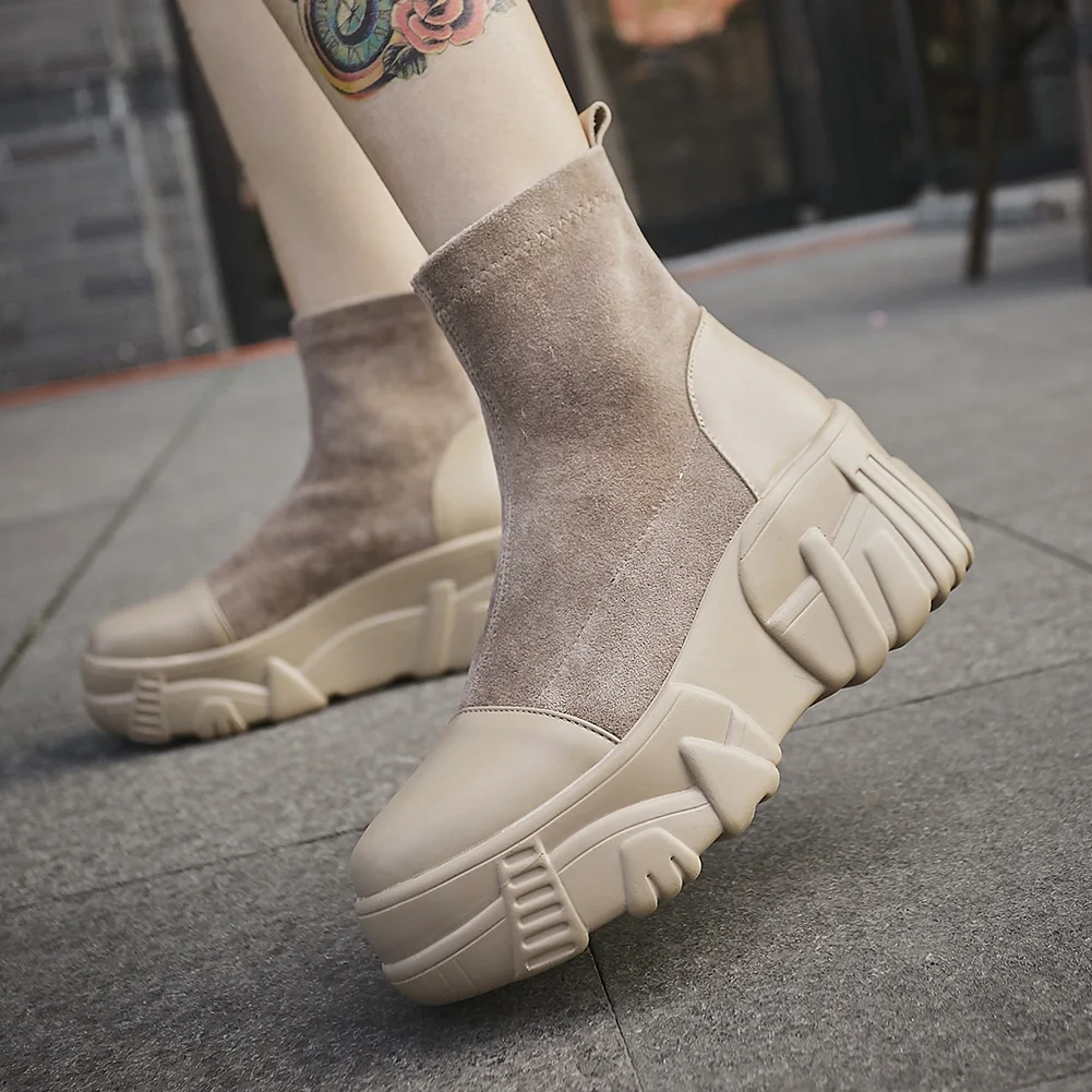 DORATASIA/ г., новые модные эластичные ботильоны из натуральной кожи женская обувь на высокой платформе женские ботинки на танкетке