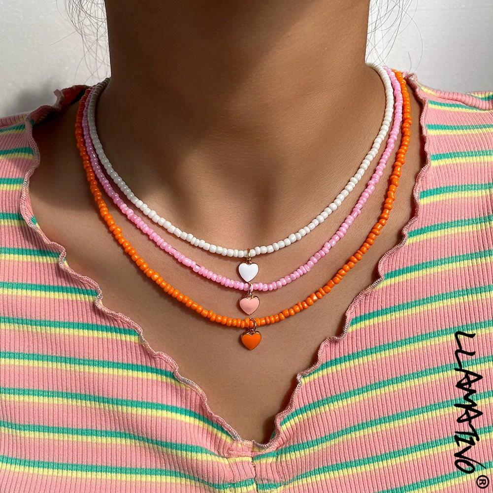 

Korean Cute Heart Rainbow Seed Beads Choker Necklace For Women Sweet Colorful Rice Bead Beaded Necklaces Charm Jewelry New Gifts