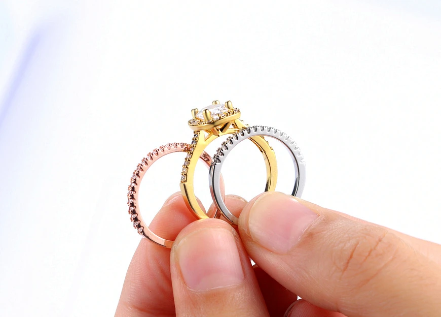 Классические квадратные свадебные наборы колец белый/розовый/Золотой 3 цвета