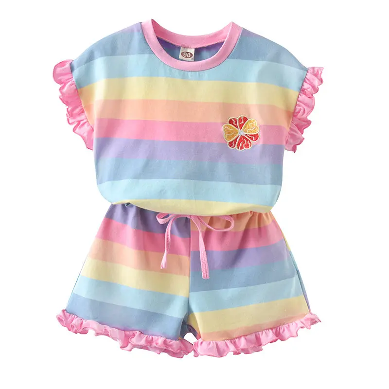 

Baby summer striped casual suit 2021 new girl T-shirt + shorts two-piece children's suit P4167
