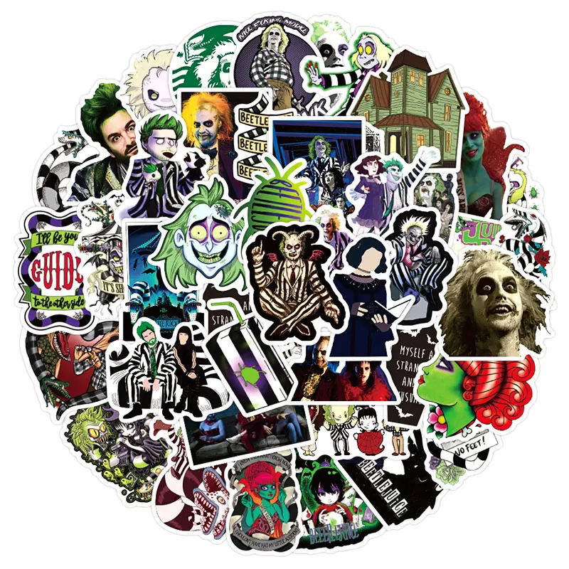 Beetlejuice-pegatinas para motocicletas, calcoman&iacute;as cl&aacute;sicas para espect&aacute;culos de televisi&oacute;n, vasos de agua, muebles, equipaje, monopatines, ordenadores, 10/30/50 unids/paquete-1