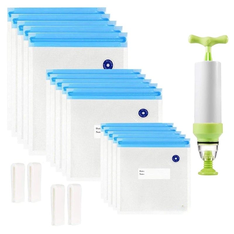 

Sous Vide Bags 20Pack Reusable Electric Vacuum Food Storage Save Sealer Cooker With 3 Size Sealed Bag,1 Hand Pump,4 Clip