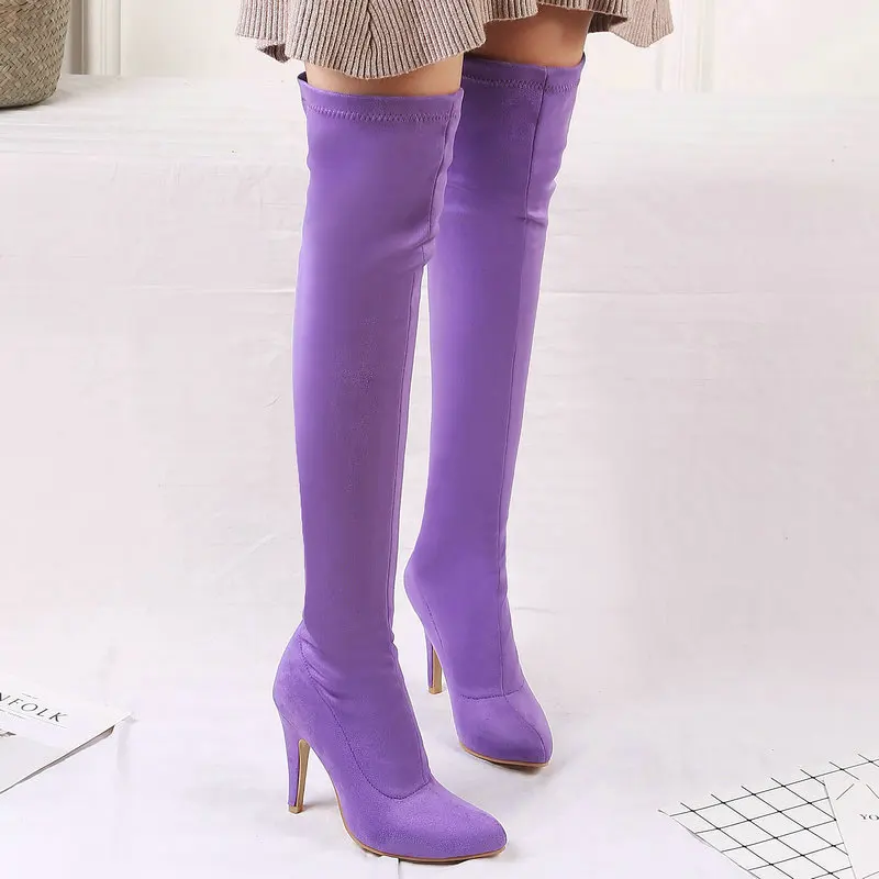 Модные женские сапоги-стрейч на тонком каблуке сапоги выше колена с острым