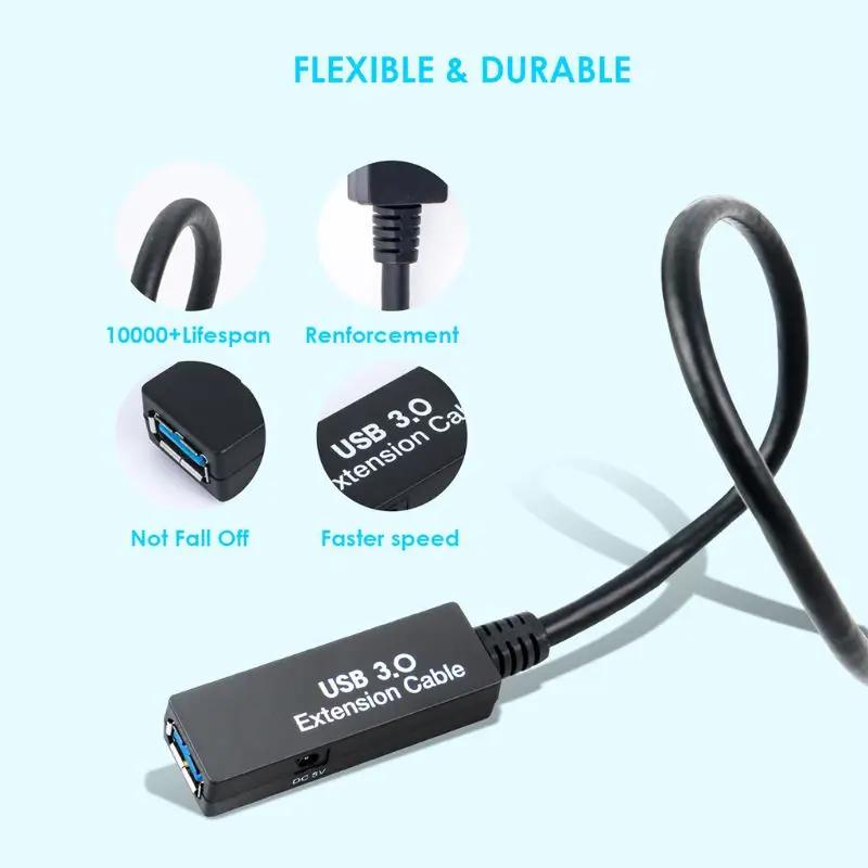 

5m/10m/15m USB 3.0 Extension Cable Signal Amplification Data Line US/EU Plug Power Adapter for Windows XP/Vista/7/OS