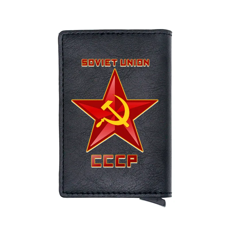 

Черный классический бумажник с цифровой печатью Советского Союза СССР, мужской и женский кошелек с RFID-защитой, Маленькая кожаная сумка для ...