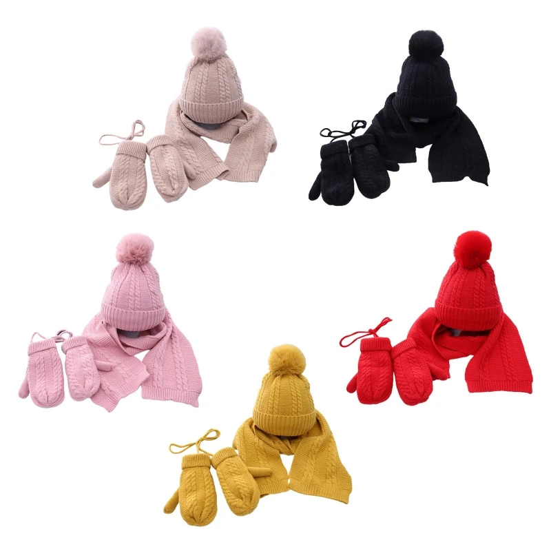 

3Pcs Kids Winter Beanie Hat Long Scarf Gloves Set Cable Knit Pompom Skull Cap