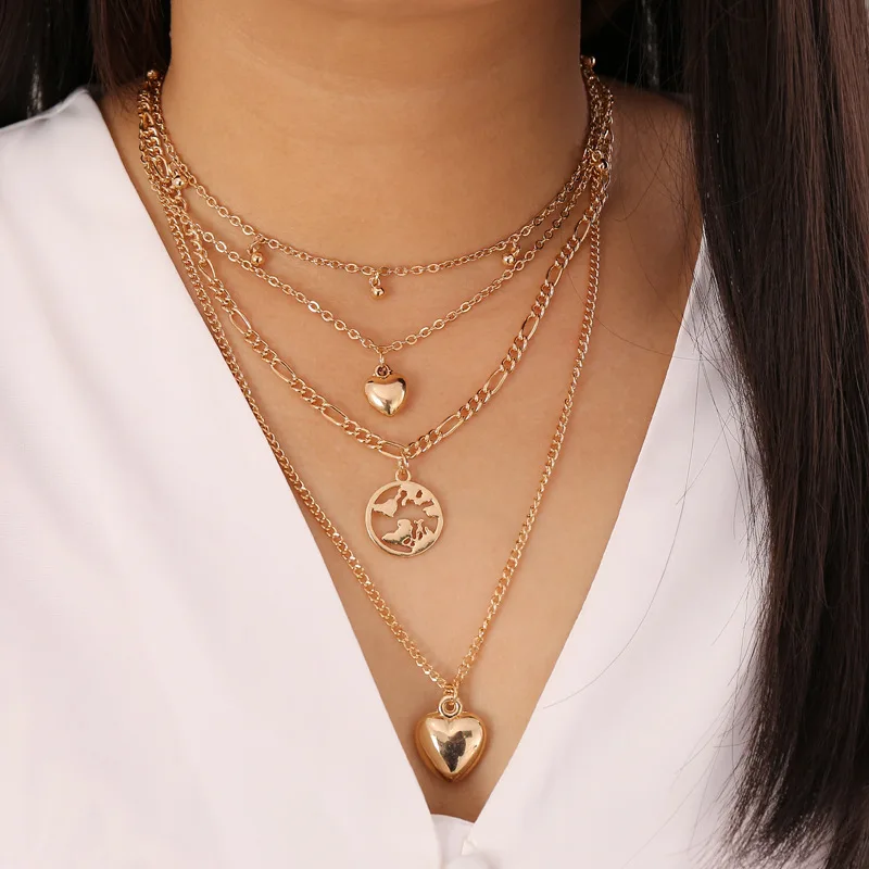 

Fashion And Romantic Golden Love Heart-Shaped Map Hollow Beads Four-Layer Clavicle Chain Women Necklace Jewelry Accessories Gift