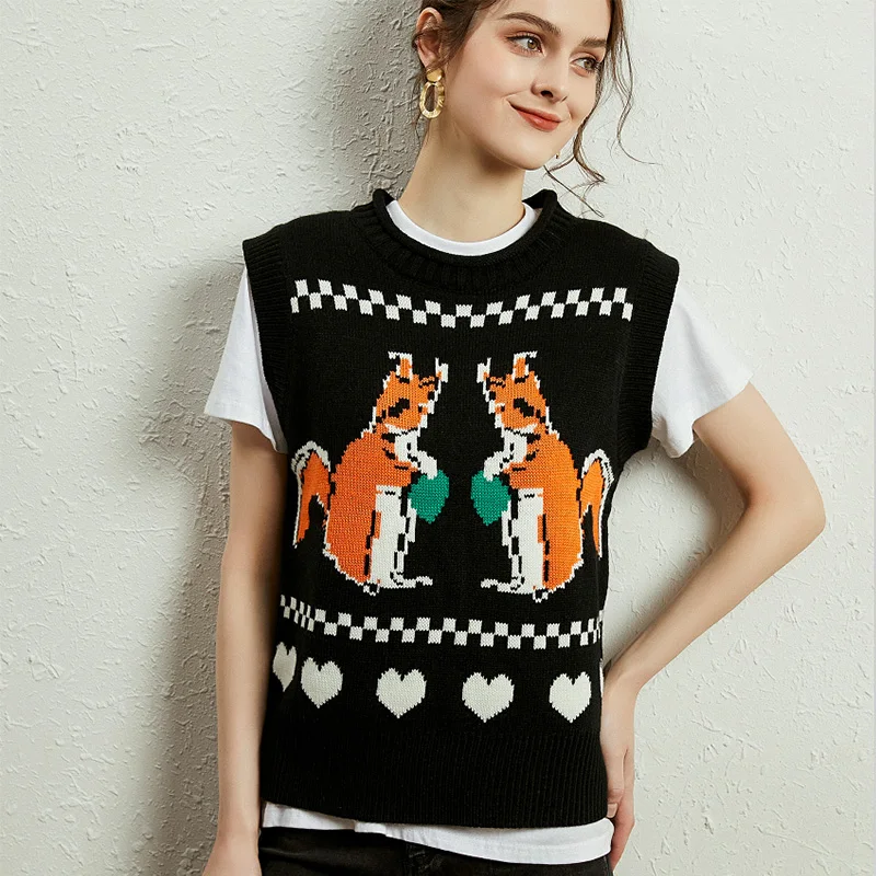 

2020 Latest Spring Autumn Winter Women Female O-Neck Knitted Vest Sleeveless Pullover Animal Picture Soft Black Fashion Vintage