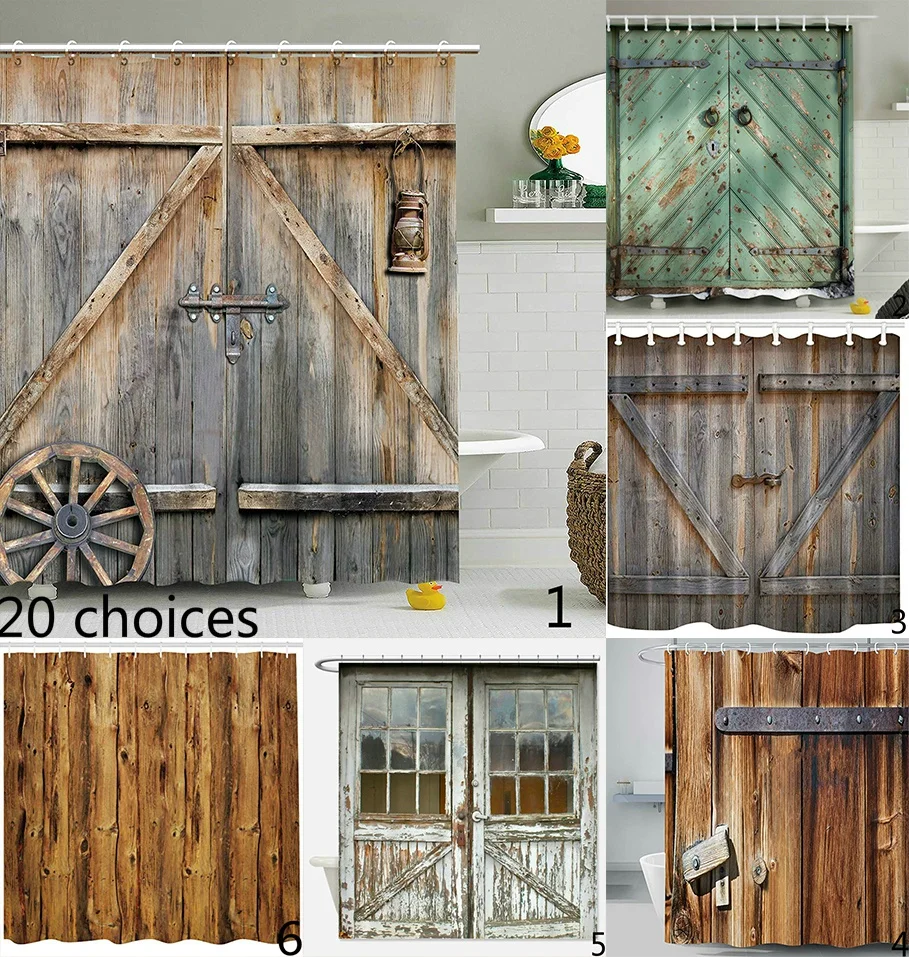 

Wooden Barn Door Shower Curtain Rustic Fabric Bathroom Curtain Set with Hook Brown Old Garage Door Country Farmhouse