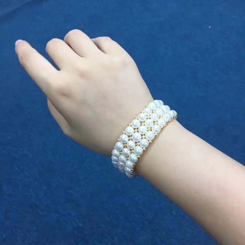 Высококачественные свадебные украшения, три ряда, натуральный белый яркий блеск, настоящий жемчуг, бисер, женский браслет, можно изготовить по индивидуальному заказу