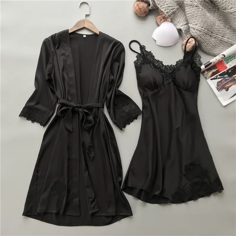 

Spring Summer Women'S Silk Two-Piece Nightgown Homely Dress With Bosom Cushion Pajamas Long Sleeve Sexy Halter Belt Nightgown