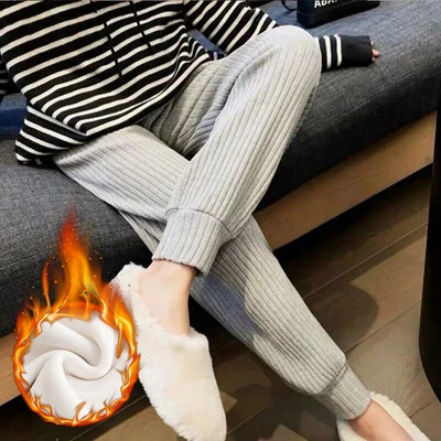 Winter Pregnant Plus Velvet Striped Full Length Leggings Skinny High Waist Adjust Elastic Step Foot Leggings Maternity Clothes