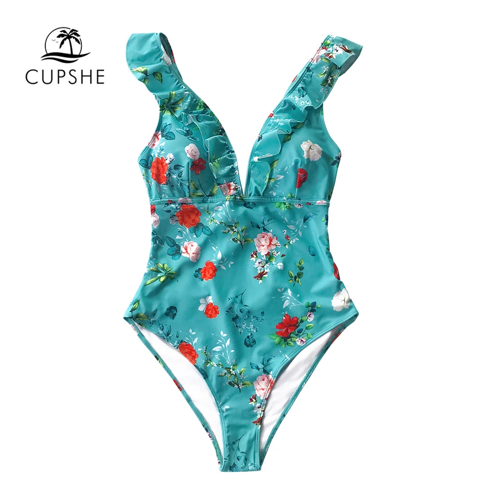 CUPSHE Teal цветочный гофрированный Цельный купальник с v образным вырезом