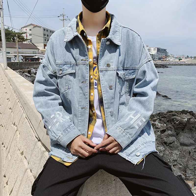 

Wholesale 2021 Fashion teenagers Loose casual denim jacket men's handsome autumn frayed long-sleeve Denim jacket youth clothes