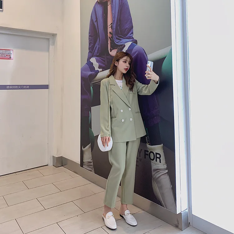 

Vintage Autumn Winter Thicken Women Pant Suit Light Green Notched Blazer Jacket & Pant 2020 Office Wear Women Suits Female Sets