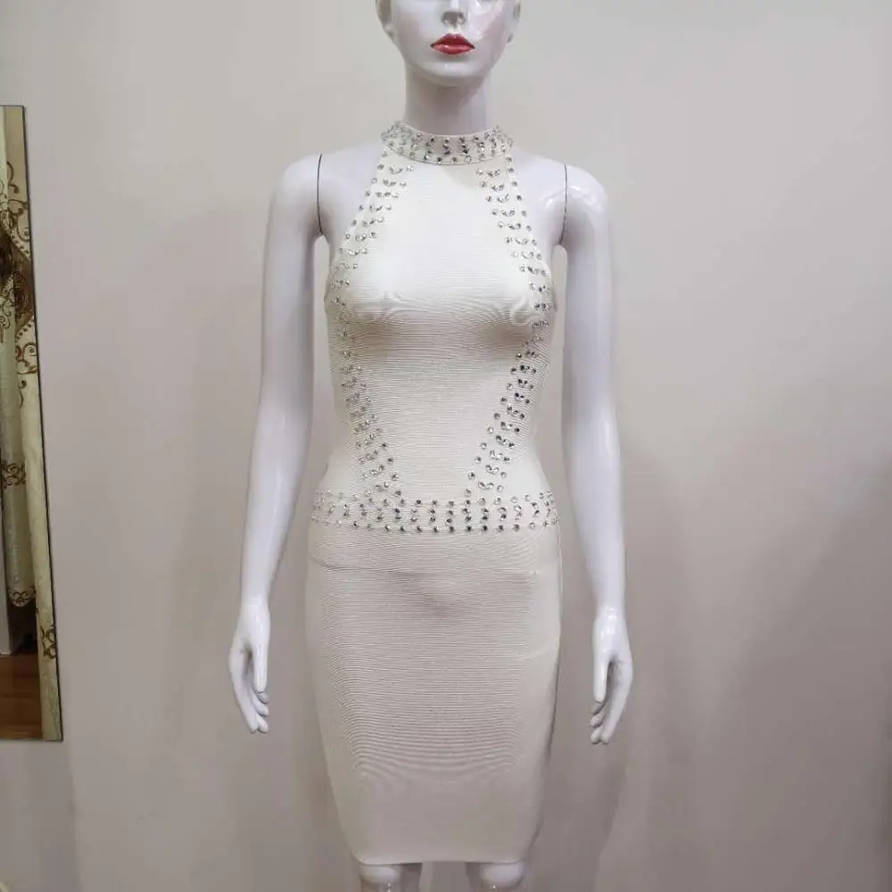 

Hot selling women bandage dress handmade beading sleeveless round neck bodycon party dress luxury crystal women dress beading