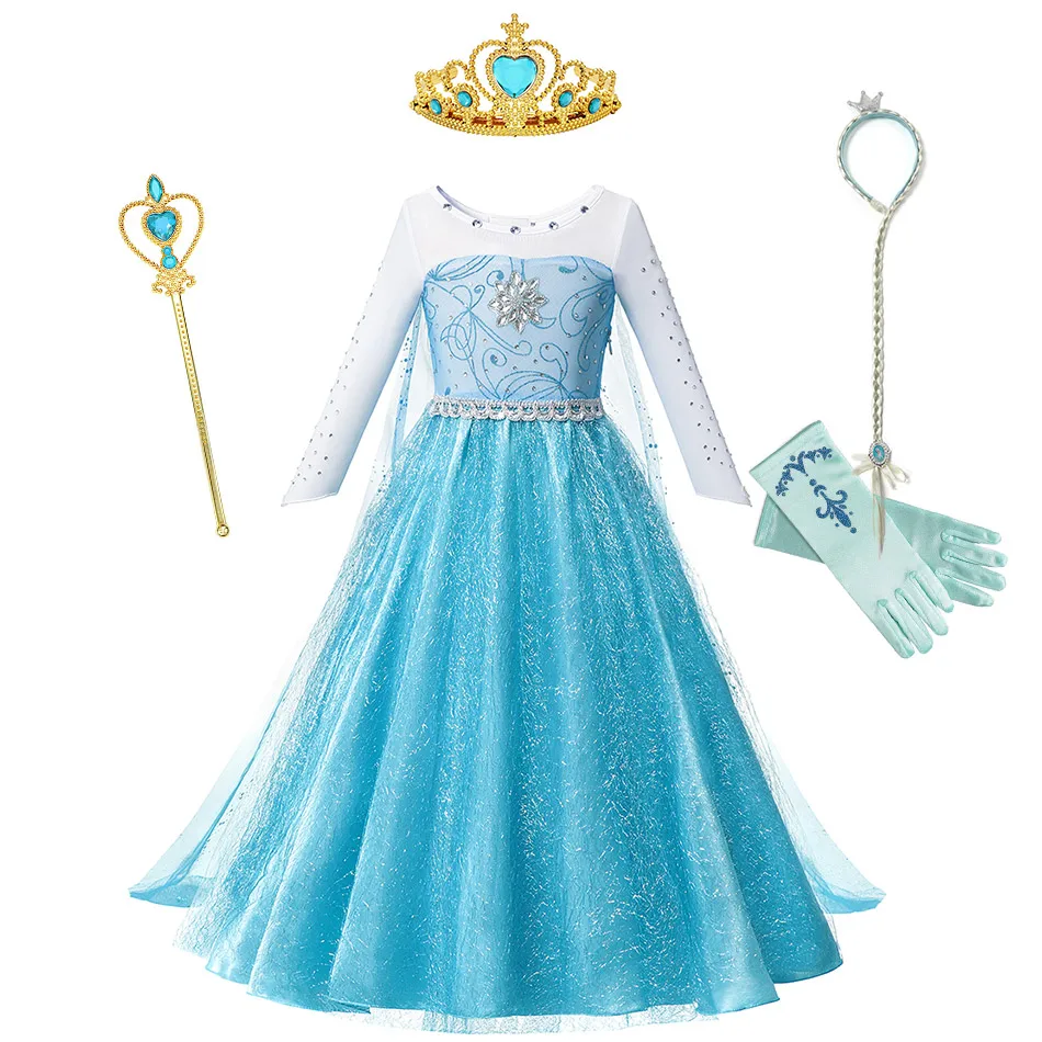 Queen Elsa Dress for Girls Princess Party Fancy Costume Long Sleeve Crystal Halloween Carnival Frozen Cosplay Clothing | Детская одежда