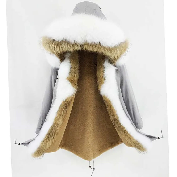 Женское теплое пальто с мехом енота длинная парка капюшоном и воротником из