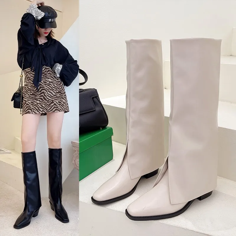 

Net red trousers boots thick-soled mid-tube knight boots women's but knee-thick heel high-top