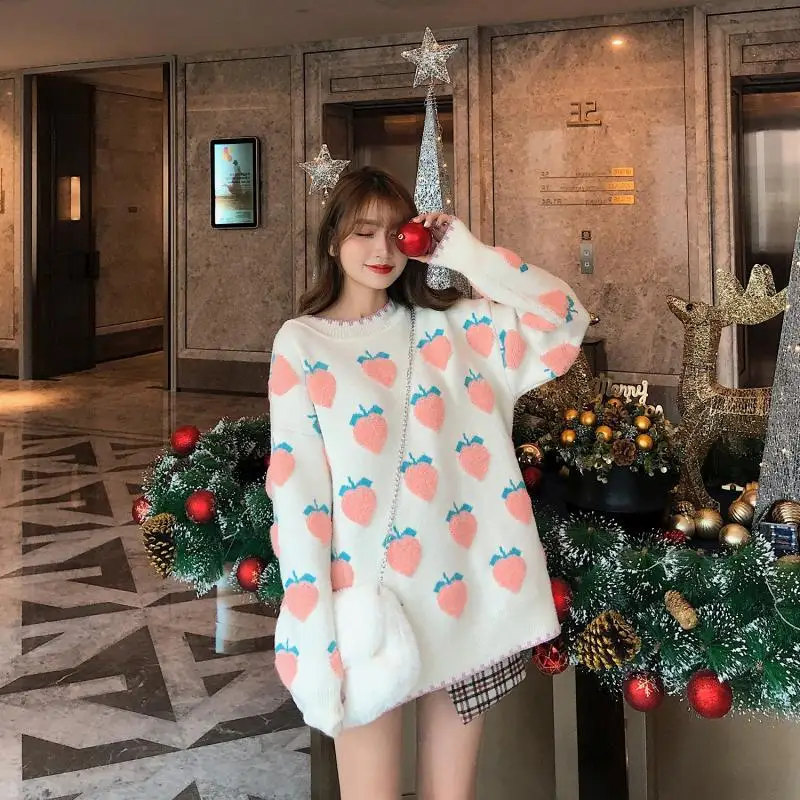 

Winter Thicken Women Pullover Sweater Cartoon Peach Jacquard Knitted Tops New Korean Long Sleeve Pull Femme Cotton Polyester