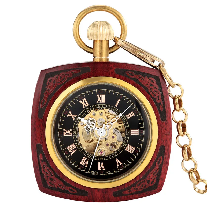 Classical Square Case Red Sandalwood Automatic Mechanical Pocket Watch for Mens Womens Open Face Roman Number Clock with Chain