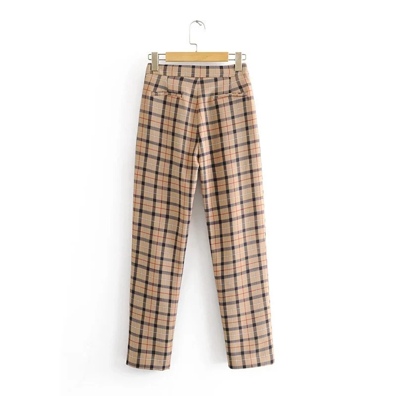 Весенние клетчатые брюки женские с высокой талией на молнии уличные прямые