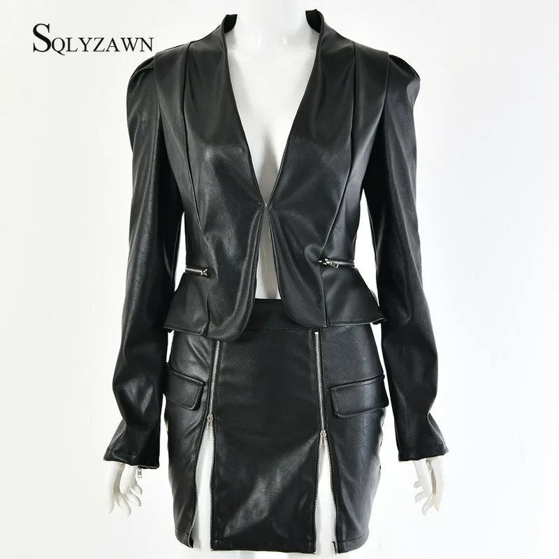 Осенний клубный PU кожаный сексуальный женский жакет и комплект с мини-юбкой