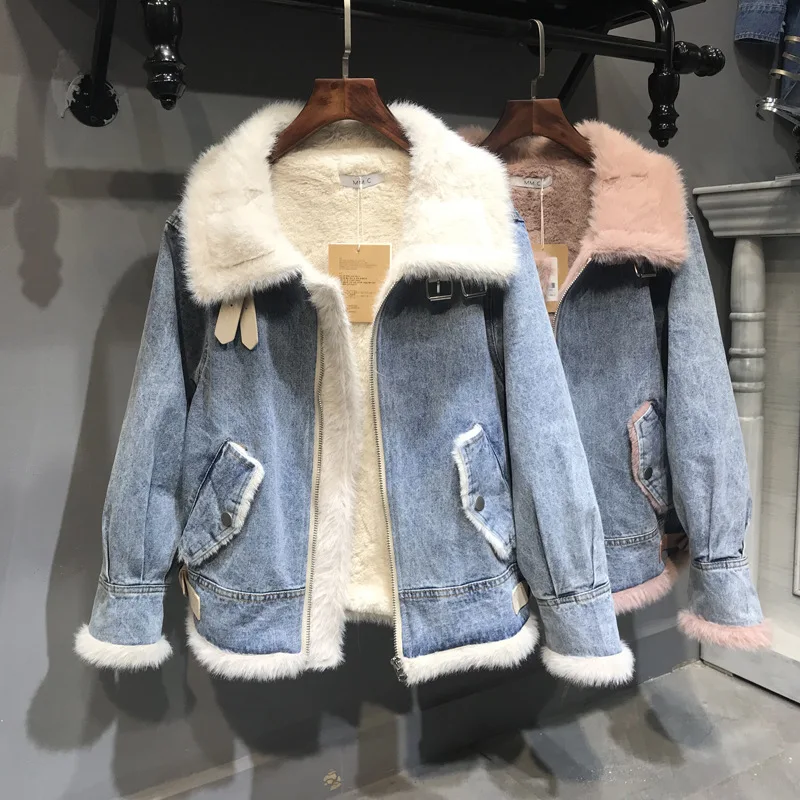 

Женская зимняя джинсовая куртка с бархатной подкладкой, утепленная мотоциклетная куртка из овечьей шерсти, двухсторонняя куртка с хлопков...