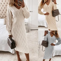 womens warm long sleeved knitted dress 2021 new autumn and winter fashion sexy v neck outer wear bag hip skirt dress sweater