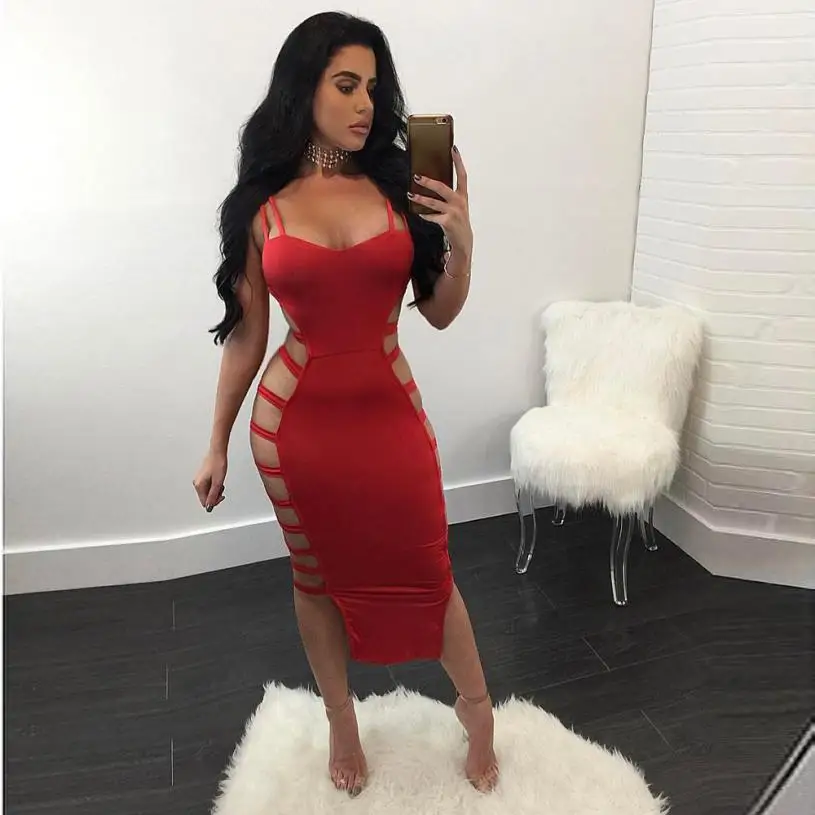 Повязки Vogue женское платье многоразовая одежда Высокая улица Bodycon Strappy без рукавов выдалбливают Платья вечерние для ночного клуба Femme Vestidos