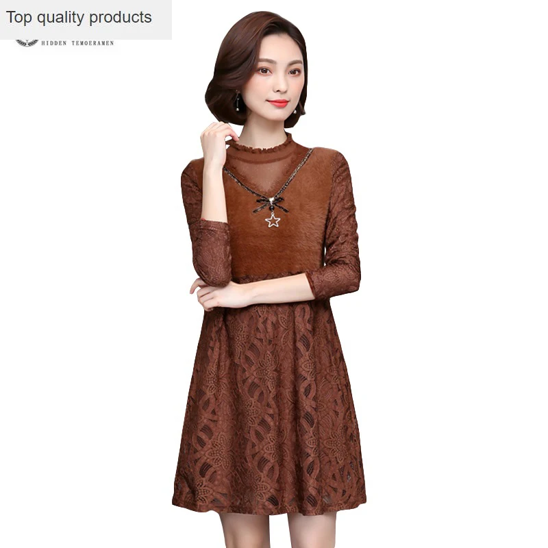 

Hot 2023 New Sale Round Neck Autumn Winter Dresses Female Clothing Pure Color O-Neck Padded Spliced A-Line Lace Dress OK1375