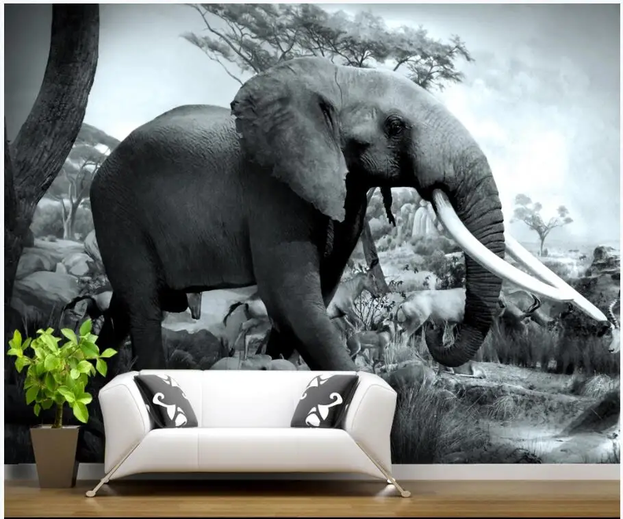 3d обои на заказ фото слона Саванна дикой природы черно белый фон Декор настенные