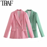 traf women fashion double breasted houndstooth blazer coat vintage long sleeve flap pockets female outerwear chic tops
