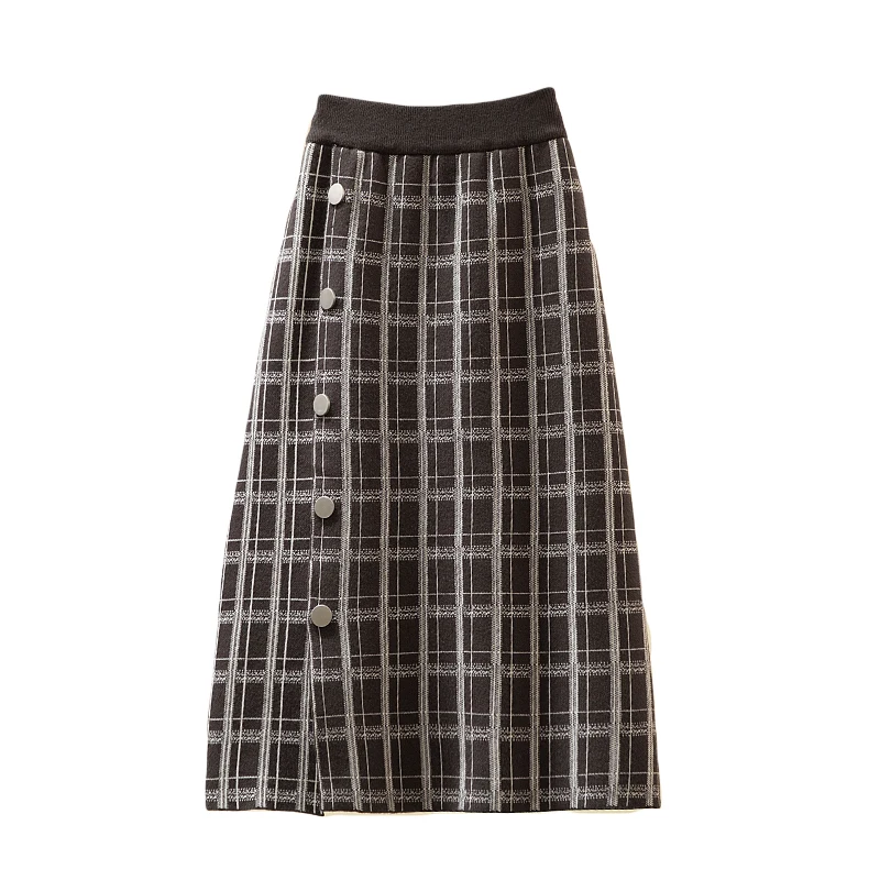 

Women's 2021 Autumn and Winter New Fat Mm Knitted Plaid Padded Skirt with Buttons and Thin Split One-step Skirt HK057