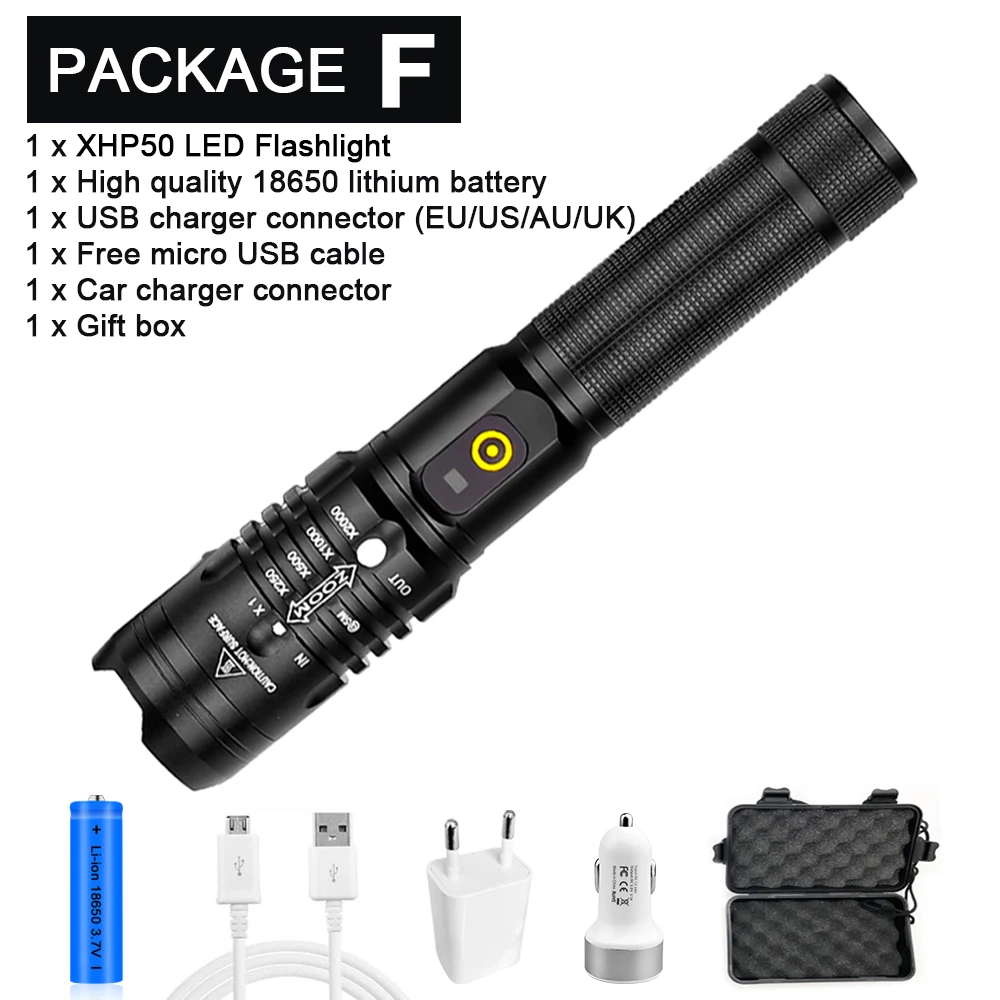 Package F Супер яркий светодиодный фонарь XHP50 с 3 режимами освещения, масштабируемый фонарь, подходит для использования на открытом воздухе, аккумулятор 18650 - Испускаемый цвет: Package F