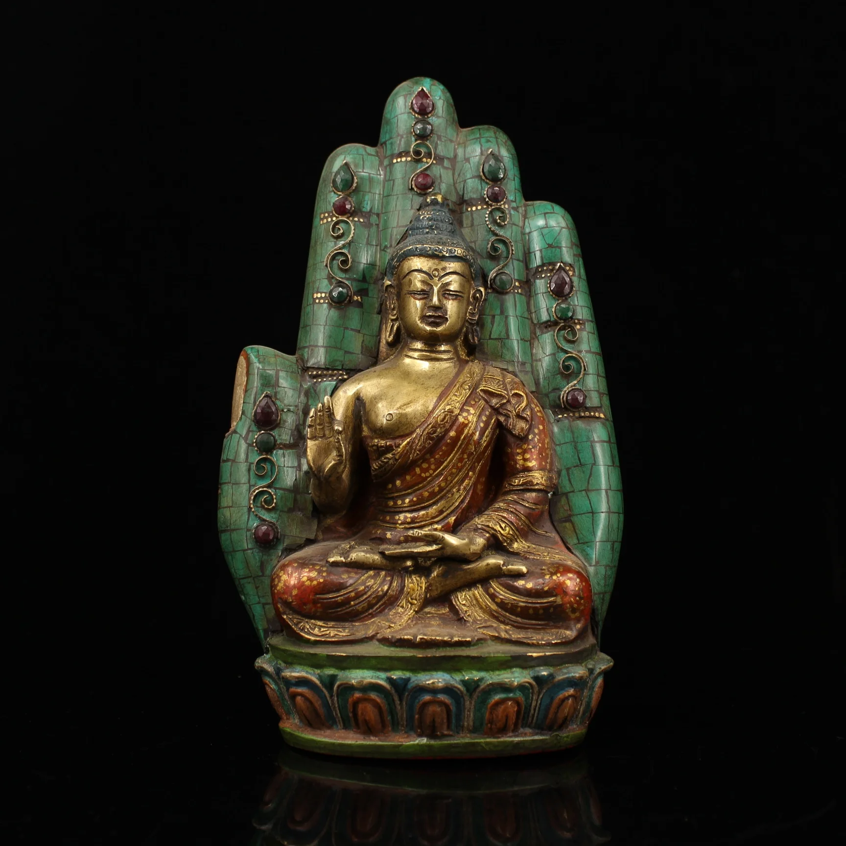 

10"Tibet Buddhism Old Bronze outline in gold Painted Gem Bergamot Shakyamuni Buddha Buddha palm Enshrine the Buddha